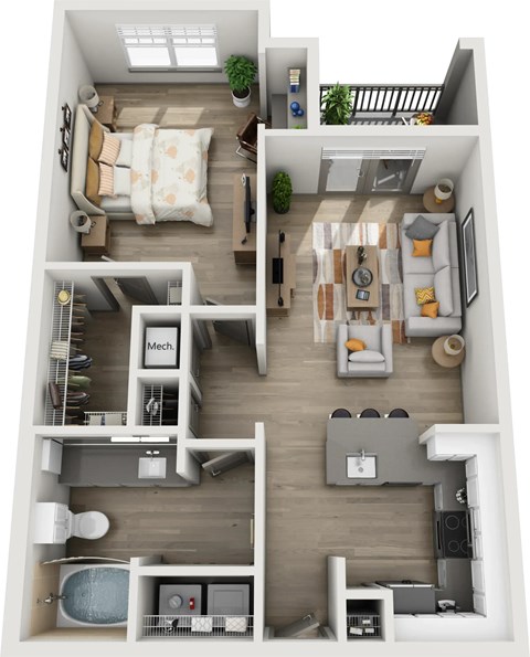 A top-down view of a small apartment with a bedroom, living room, kitchen, and bathroom.